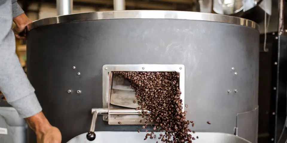Freshly roasted coffee beans pouring from a roaster into a cooling tray